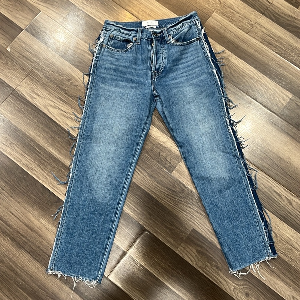 Pistola button fly raw edge denim jeans